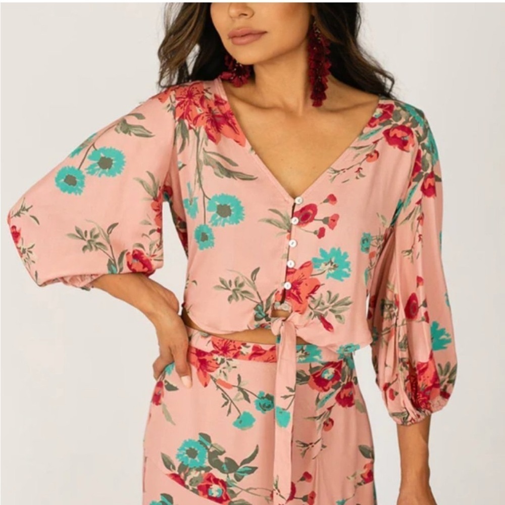 Joyfolie Pink and Blue Puff Sleeve Crop Blouse and matching skirt